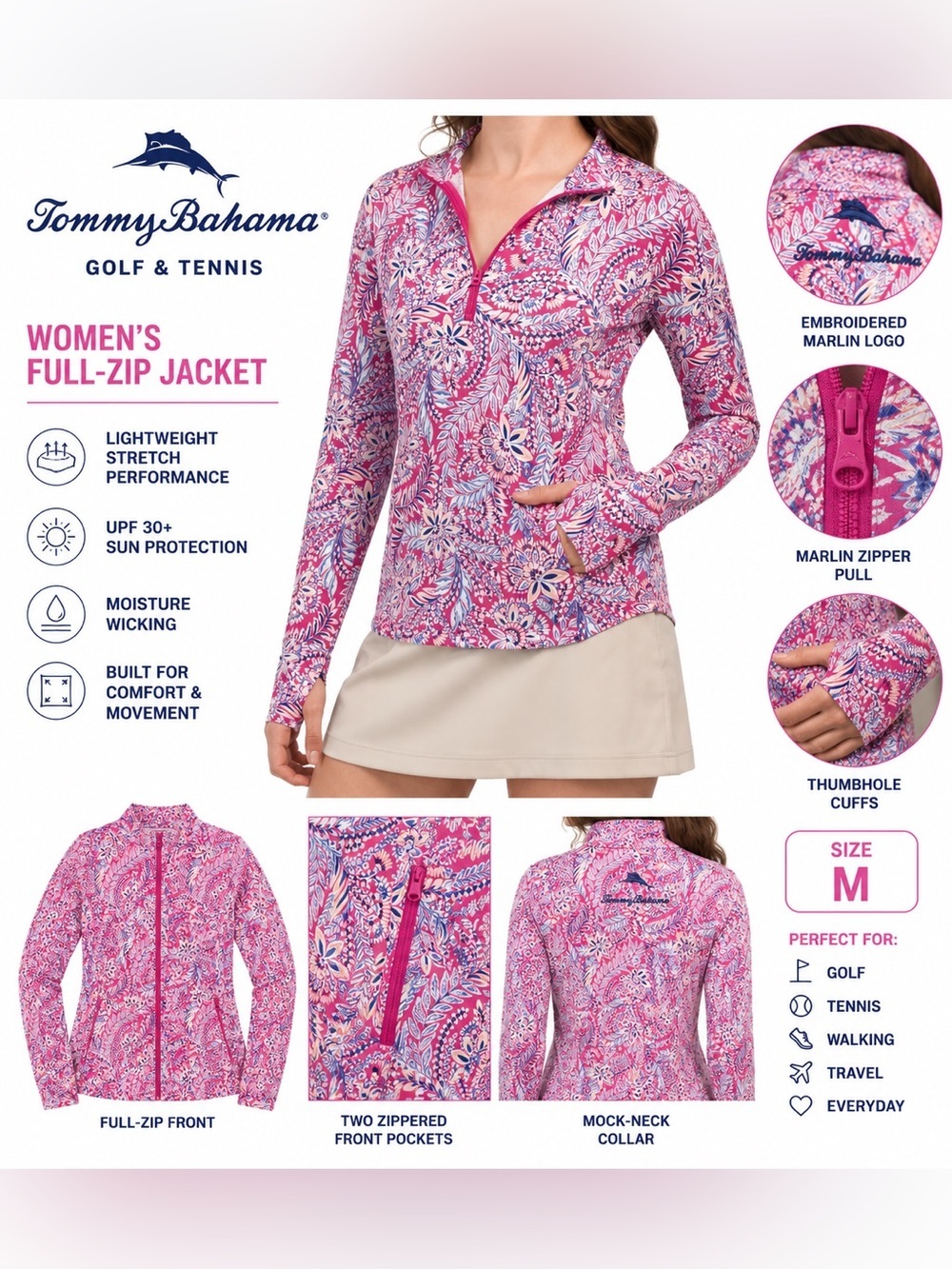 Tommy Bahama Golf & Tennis Women’s M Pink Paisley Full-Zip Jacket Thumbholes